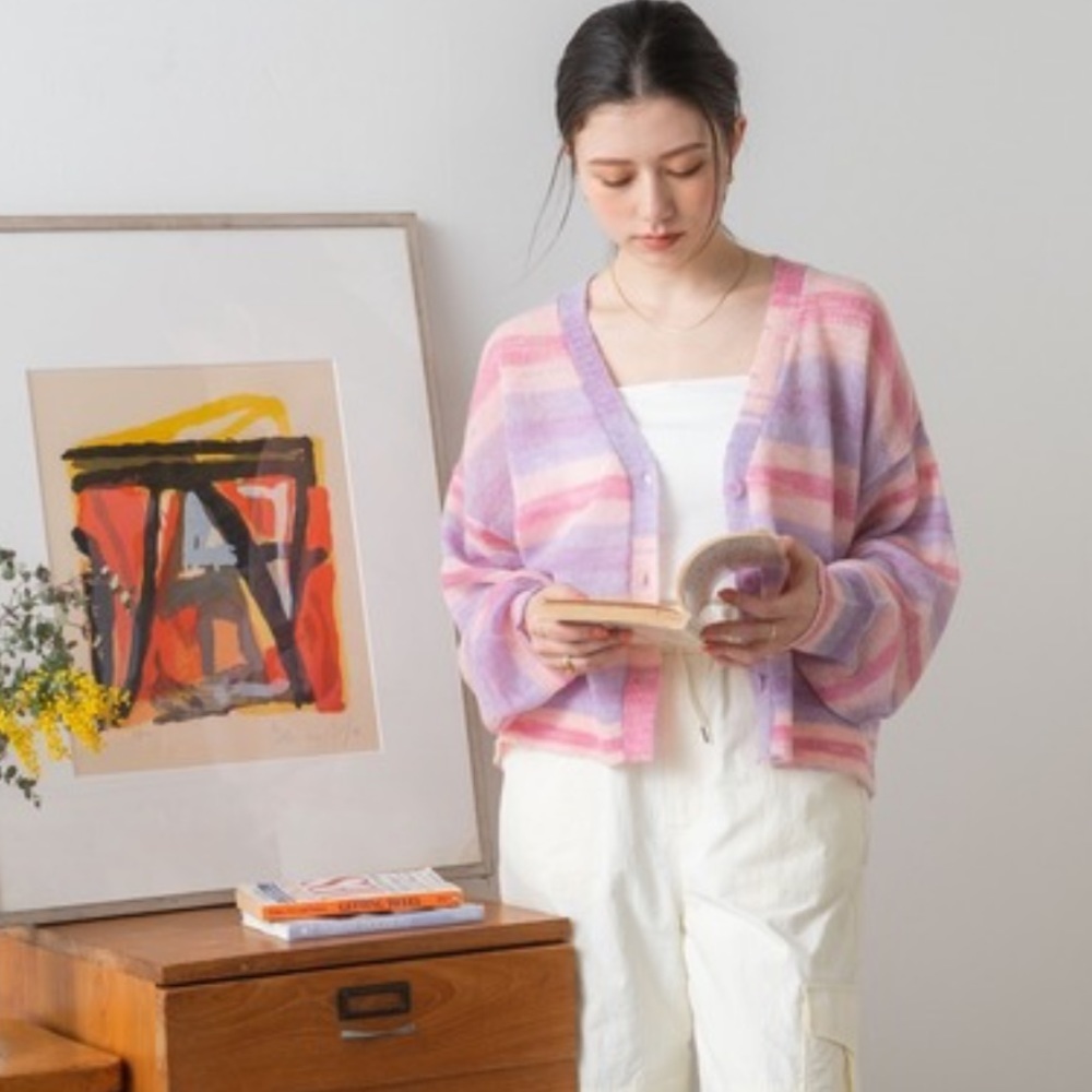 WEGO Pink and Purple Striped Sheer Knit Cardigan